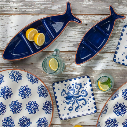 Costa Azul 4-Piece Hand Painted Octopus design Ceramic Canapes Appetizers Plates Set