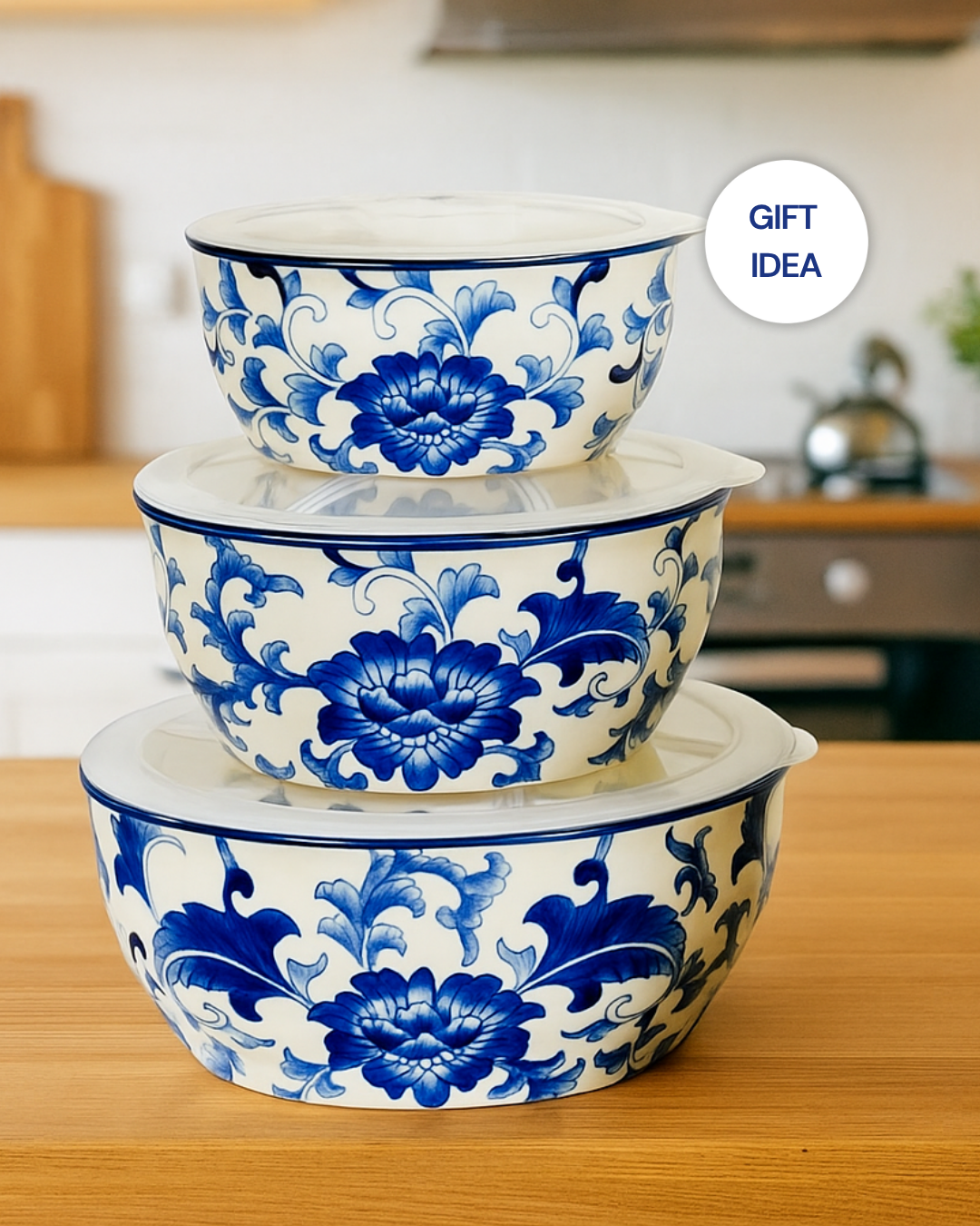 Blue Garden Chinoiserie “Hold Everything” 3-Piece Round Stoneware Storage Bowls Set