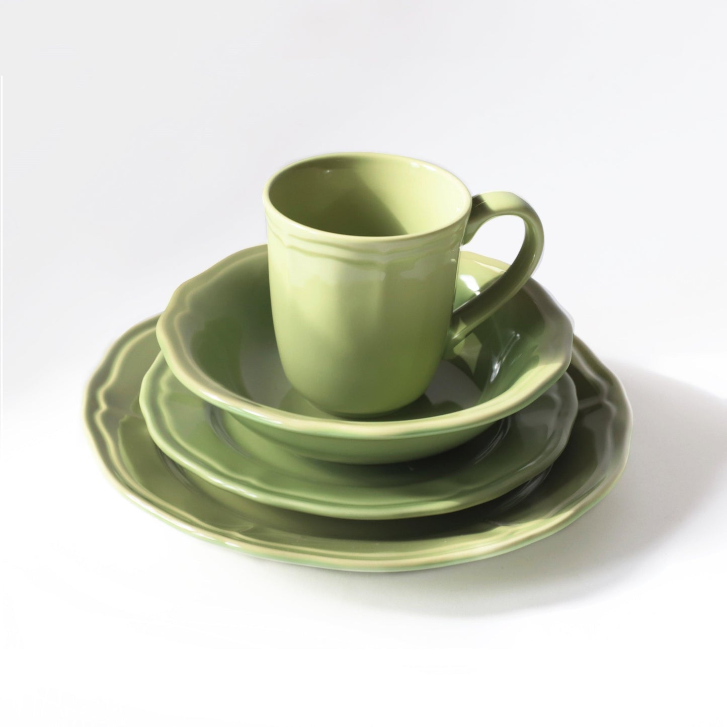 Siena 16-Piece Stoneware Dinnerware Set,Bowls and Plates  in Green, Service for 4