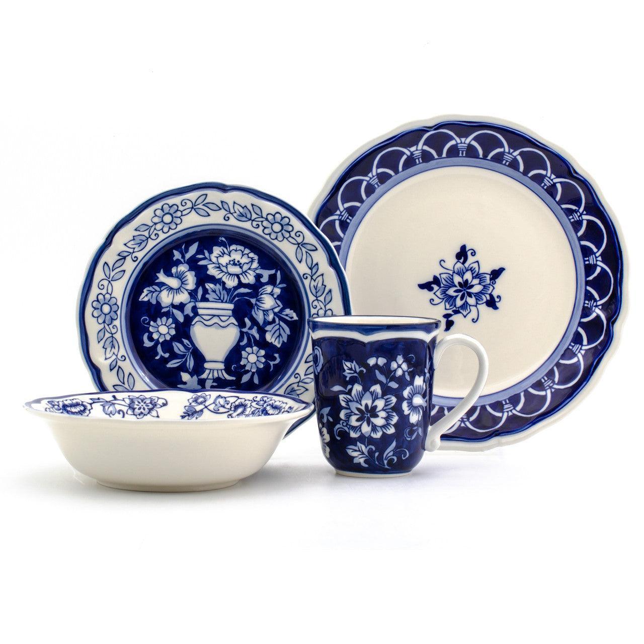 Blue Garden 16 -Piece Hand Painted Stoneware Bowls and Plates Dinnerware Set, Service for 4