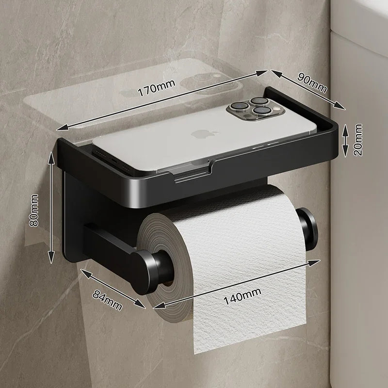Wall-Mounted Toilet Paper Holder with Shelf - Aluminum Alloy Rustproof Bathroom Roll Holder