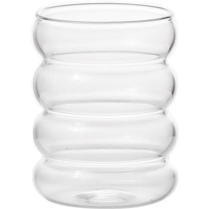 Retro Ribbed Corrugated Glass Cup - Clear Drinking Glass for Coffee, Tea, Juice & Milk