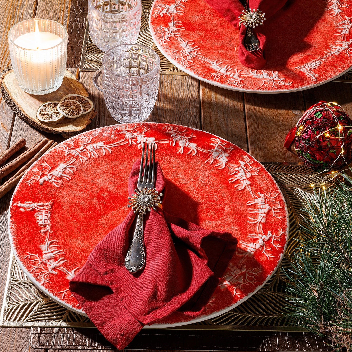 Reindeer Cheer 14.1” Round Platter, Red with White Reindeer Christmas Design, Made in Italy 
