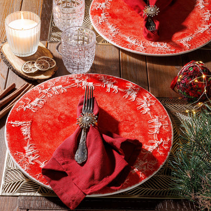 Reindeer Cheer 14.1” Round Platter, Red with White Reindeer Christmas Design, Made in Italy 