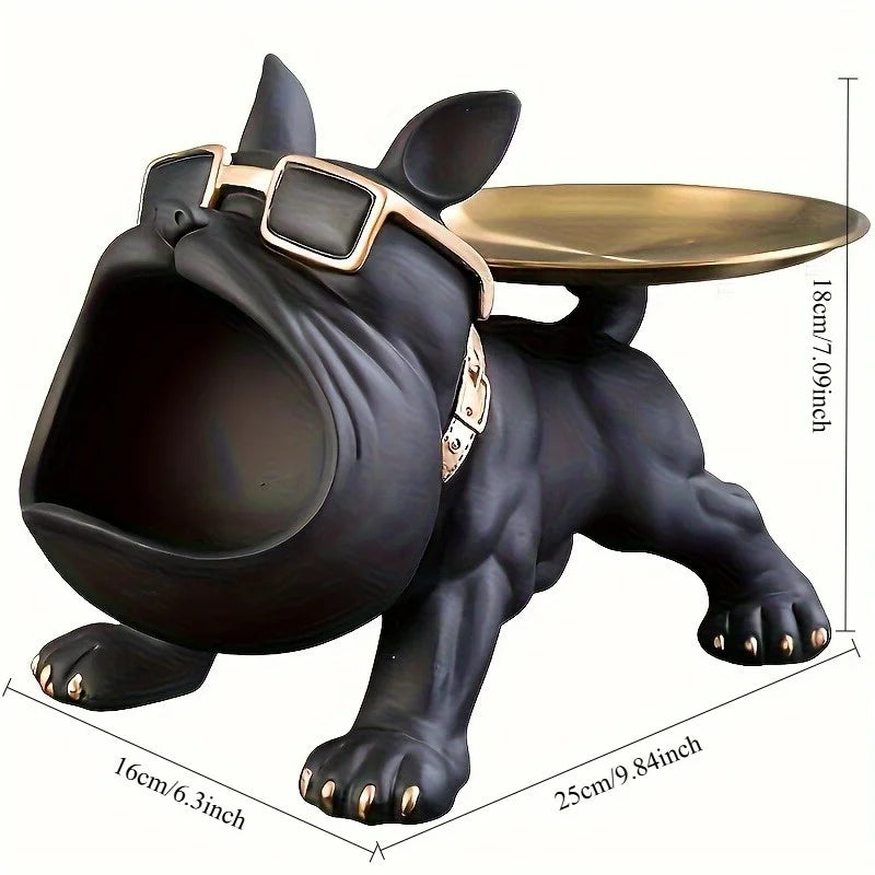Black Bulldog Storage Decoration Set 1 piece - Stylish resin statue with gold rimmed glasses and dial - Perfect for home