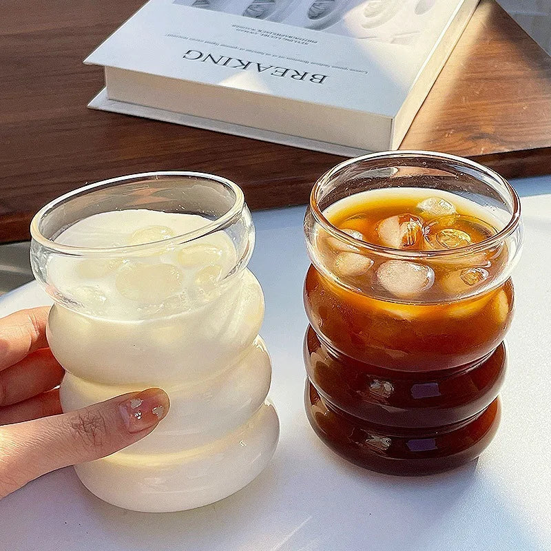 Retro Ribbed Corrugated Glass Cup - Clear Drinking Glass for Coffee, Tea, Juice & Milk