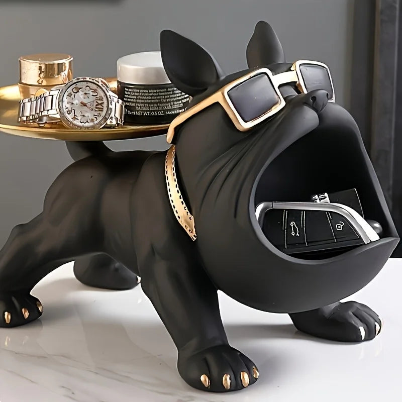 Black Bulldog Storage Decoration Set 1 piece - Stylish resin statue with gold rimmed glasses and dial - Perfect for home