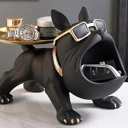 Black Bulldog Storage Decoration Set 1 piece - Stylish resin statue with gold rimmed glasses and dial - Perfect for home