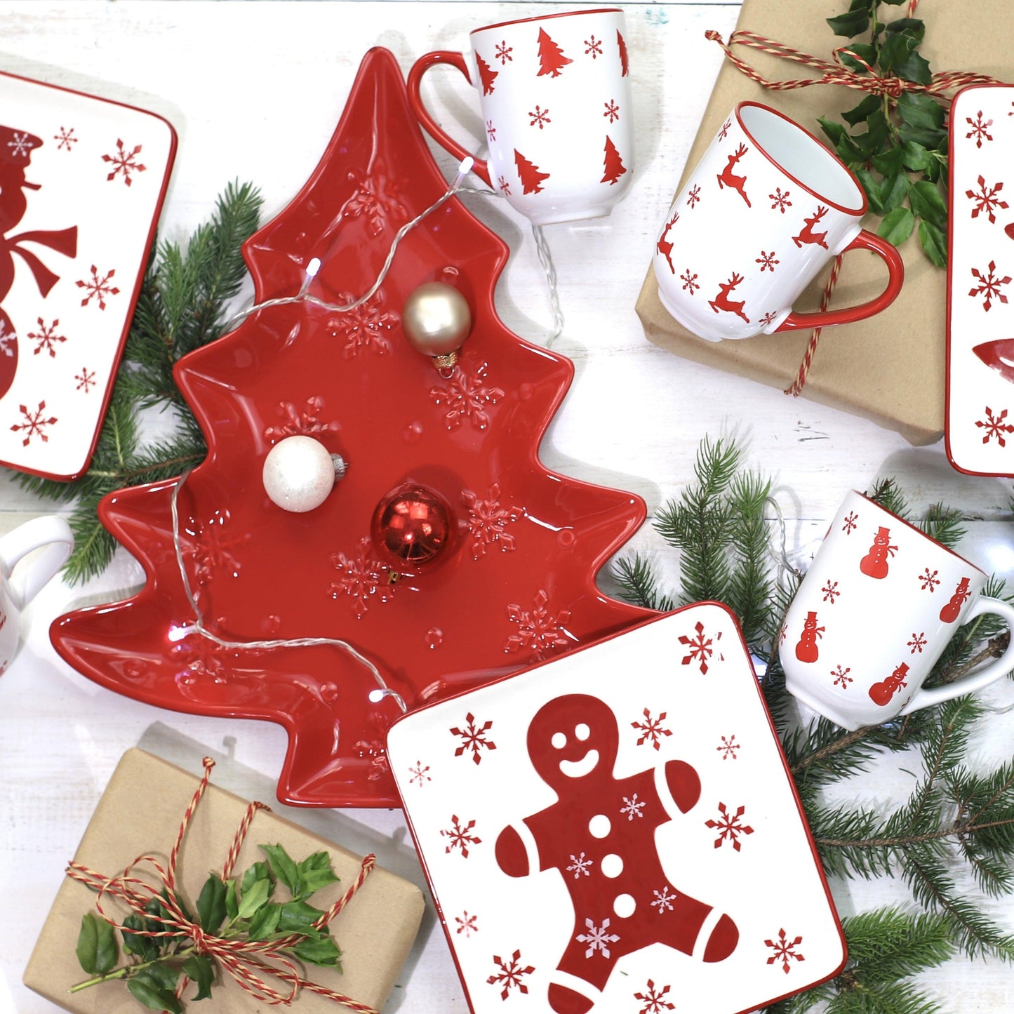 Winterfest Large 16'' Tree Shape Red Ceramic Platter