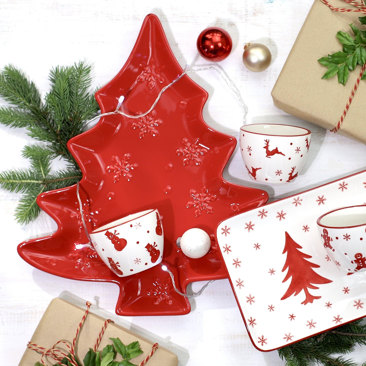 Winterfest Large 16'' Tree Shape Red Ceramic Platter