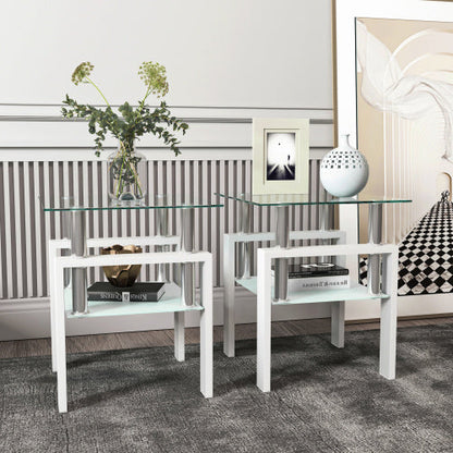 Set Of 2, Modern Tempered Glass Tea Table Coffee Table End Table, Square Table For Living Room, Transparent White