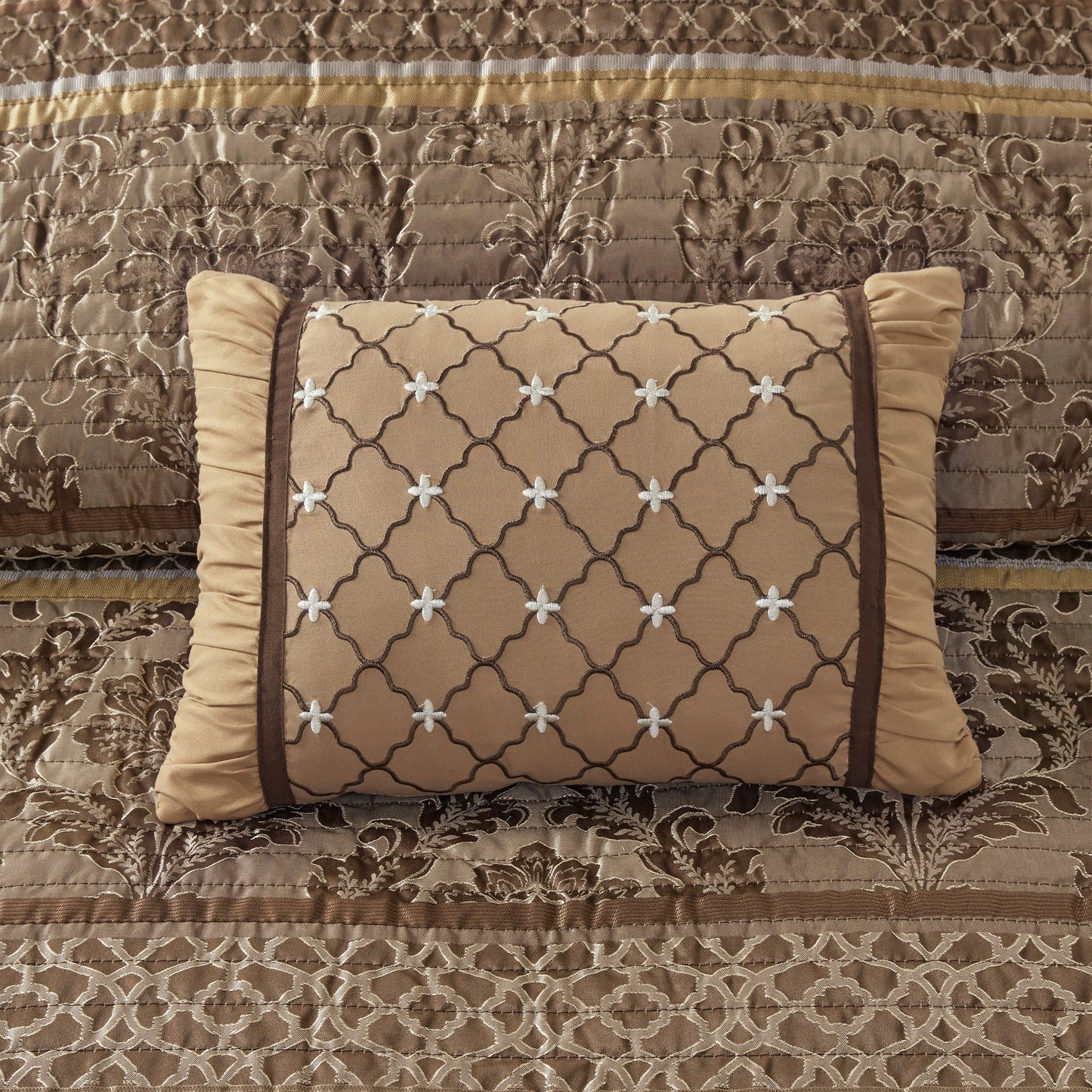 6 Piece Jacquard Quilt Set with Throw Pillows Brown/Gold King/Cal King