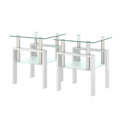 Set Of 2, Modern Tempered Glass Tea Table Coffee Table End Table, Square Table For Living Room, Transparent White