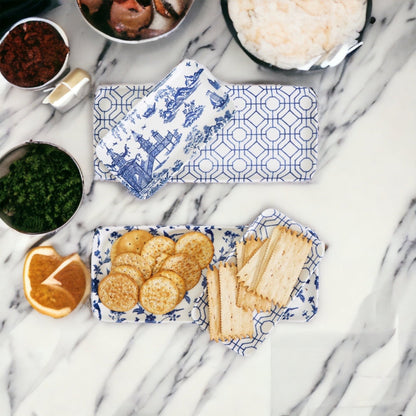 Chinoiserie Blue White Serving Tray Set 4pc Assorted Large and Small