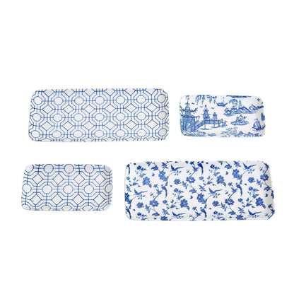 Chinoiserie Blue White Serving Tray Set 4pc Assorted Large and Small