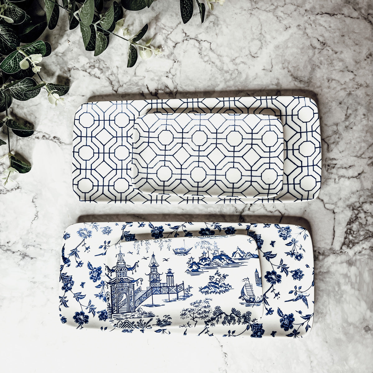 Chinoiserie Blue White Serving Tray Set 4pc Assorted Large and Small