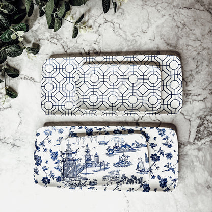 Chinoiserie Blue White Serving Tray Set 4pc Assorted Large and Small