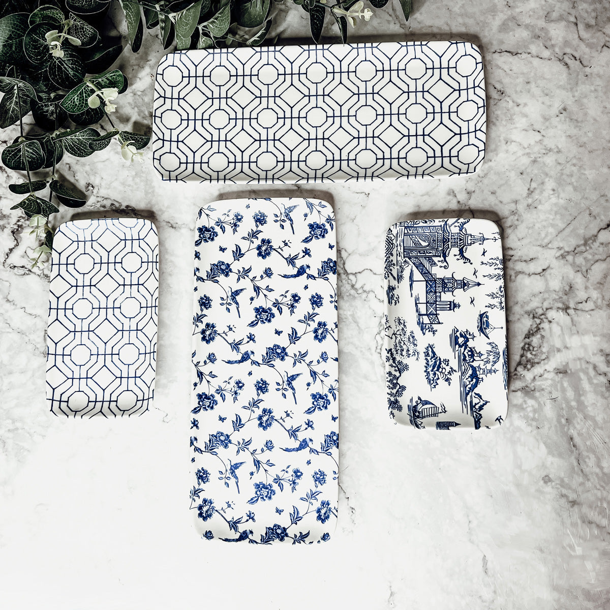 Chinoiserie Blue White Serving Tray Set 4pc Assorted Large and Small