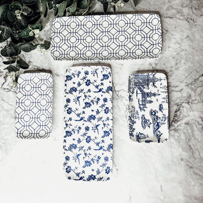 Chinoiserie Blue White Serving Tray Set 4pc Assorted Large and Small