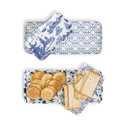Chinoiserie Blue White Serving Tray Set 4pc Assorted Large and Small
