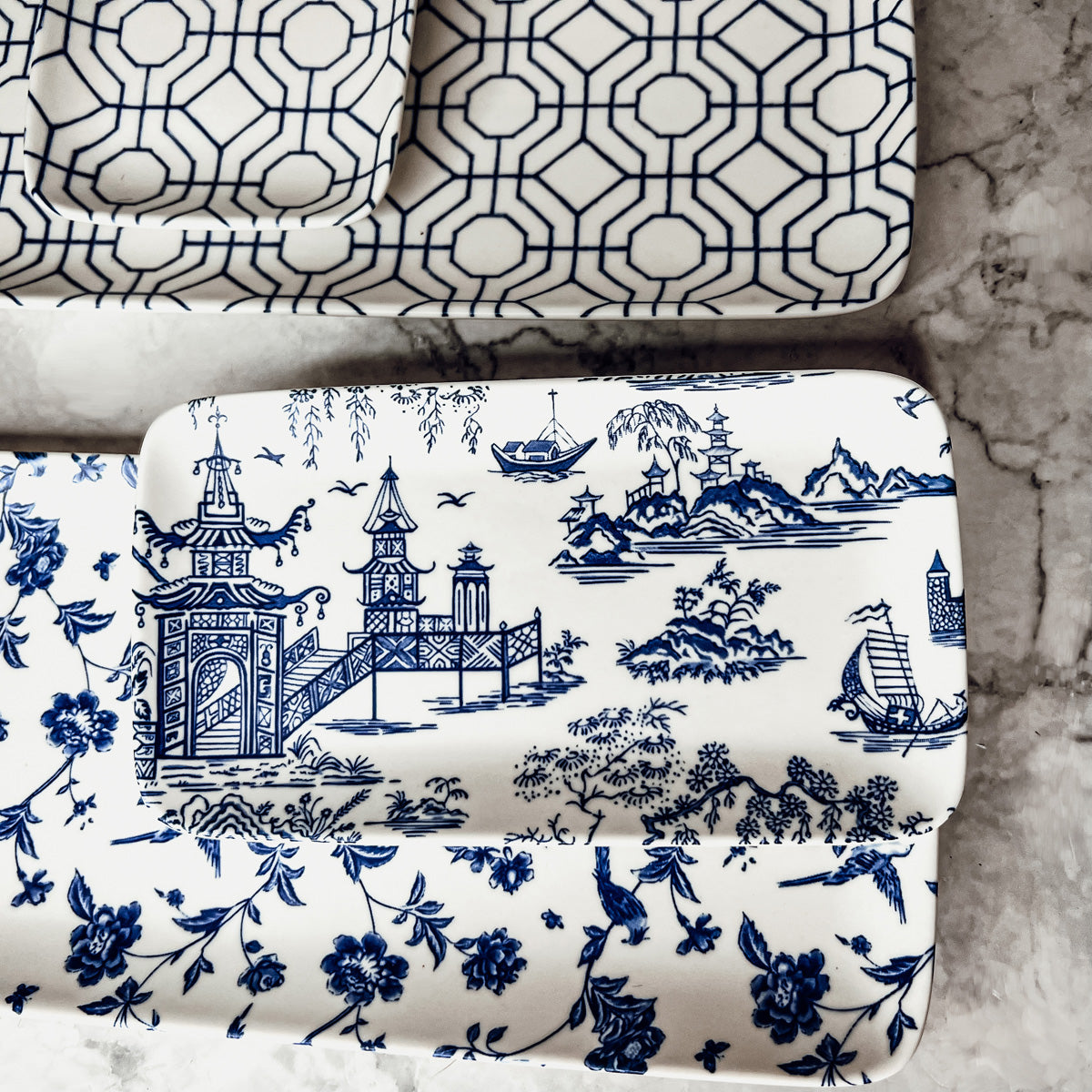 Chinoiserie Blue White Serving Tray Set 4pc Assorted Large and Small