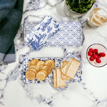 Chinoiserie Blue White Serving Tray Set 4pc Assorted Large and Small