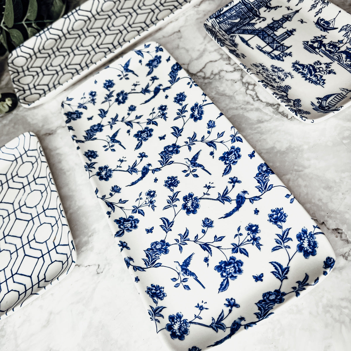 Chinoiserie Blue White Serving Tray Set 4pc Assorted Large and Small