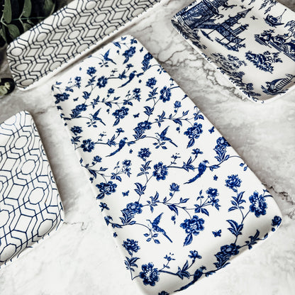 Chinoiserie Blue White Serving Tray Set 4pc Assorted Large and Small