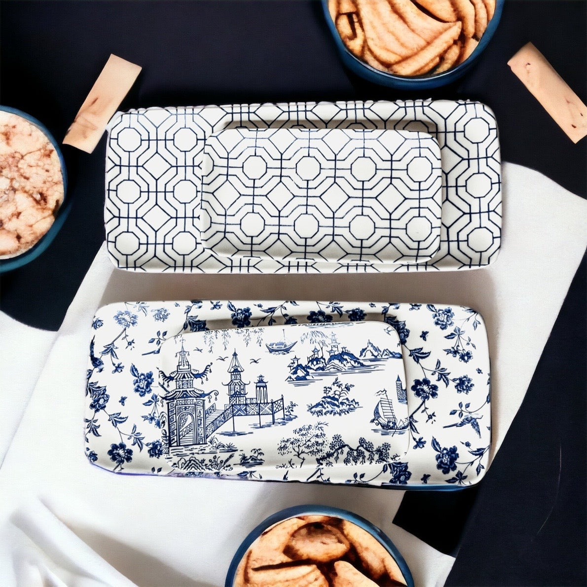 Chinoiserie Blue White Serving Tray Set 4pc Assorted Large and Small
