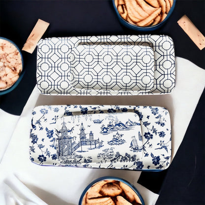 Chinoiserie Blue White Serving Tray Set 4pc Assorted Large and Small