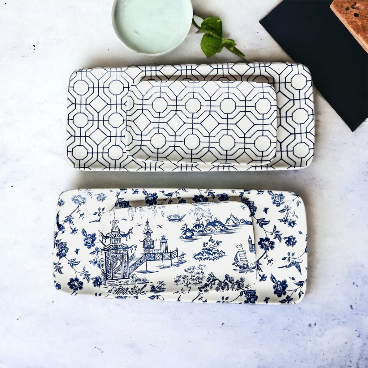 Chinoiserie Blue White Serving Tray Set 4pc Assorted Large and Small