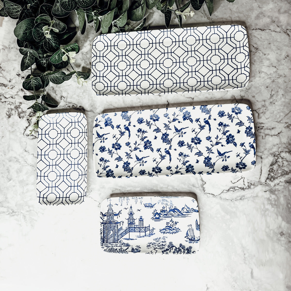 Chinoiserie Blue White Serving Tray Set 4pc Assorted Large and Small