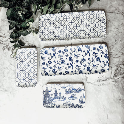 Chinoiserie Blue White Serving Tray Set 4pc Assorted Large and Small