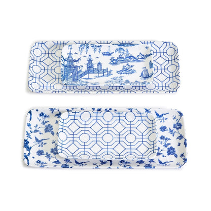 Chinoiserie Blue White Serving Tray Set 4pc Assorted Large and Small