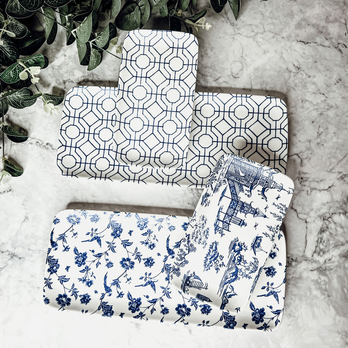 Chinoiserie Blue White Serving Tray Set 4pc Assorted Large and Small