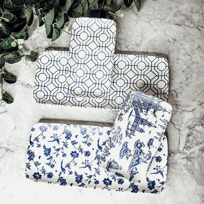 Chinoiserie Blue White Serving Tray Set 4pc Assorted Large and Small