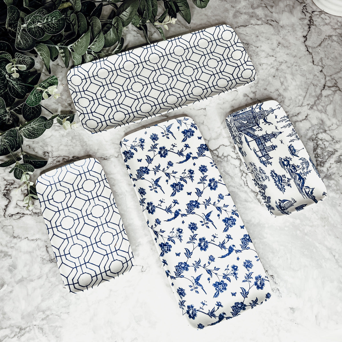 Chinoiserie Blue White Serving Tray Set 4pc Assorted Large and Small