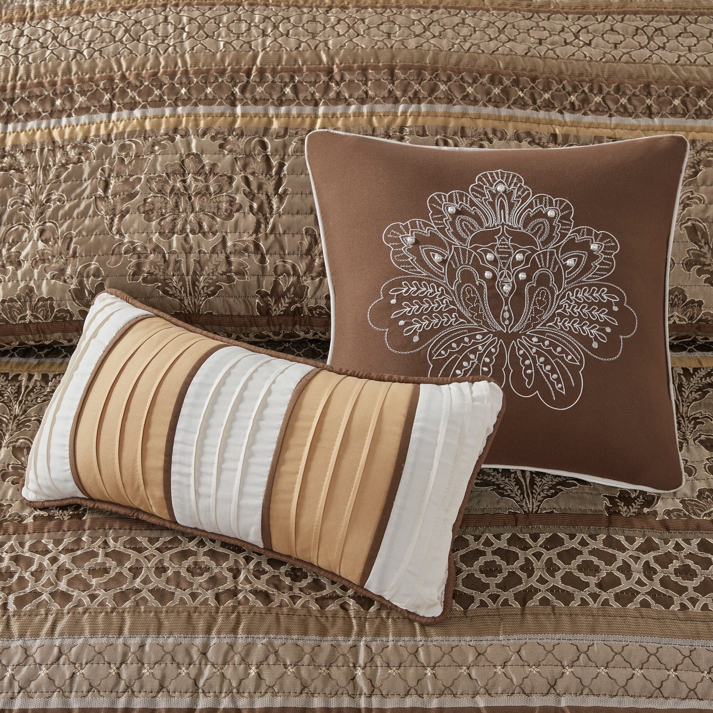 6 Piece Jacquard Quilt Set with Throw Pillows Brown/Gold King/Cal King
