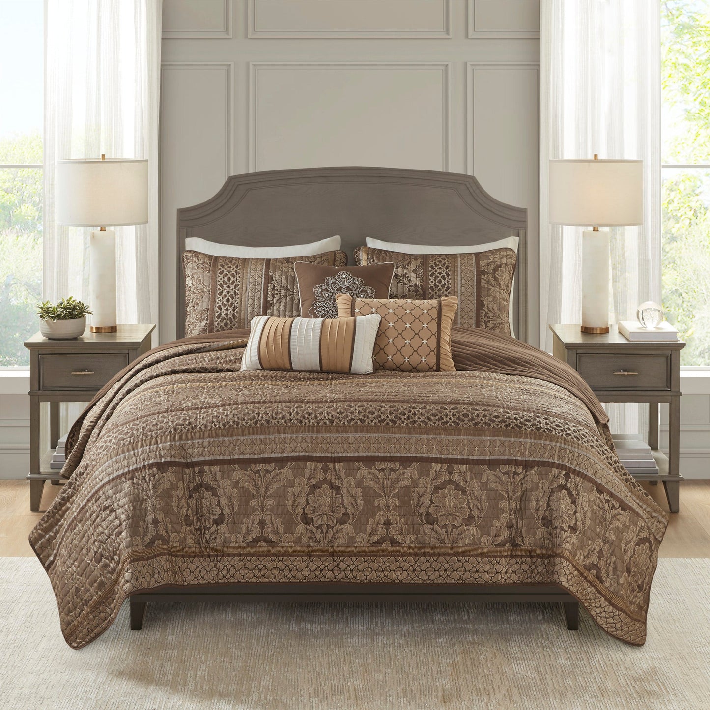 6 Piece Jacquard Quilt Set with Throw Pillows Brown/Gold King/Cal King