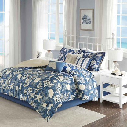 7 Piece Cotton Sateen Comforter Set Blue Cal King