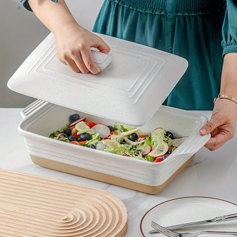 [Farmhouse Casserole Dish] HVH 3.5Qt 13x9 Ceramic Casserole Dish with Lid | Oven Safe, Large Covered Rectangular Baking Dish, Farmhouse Style, 9x13 Casserole Dish Set