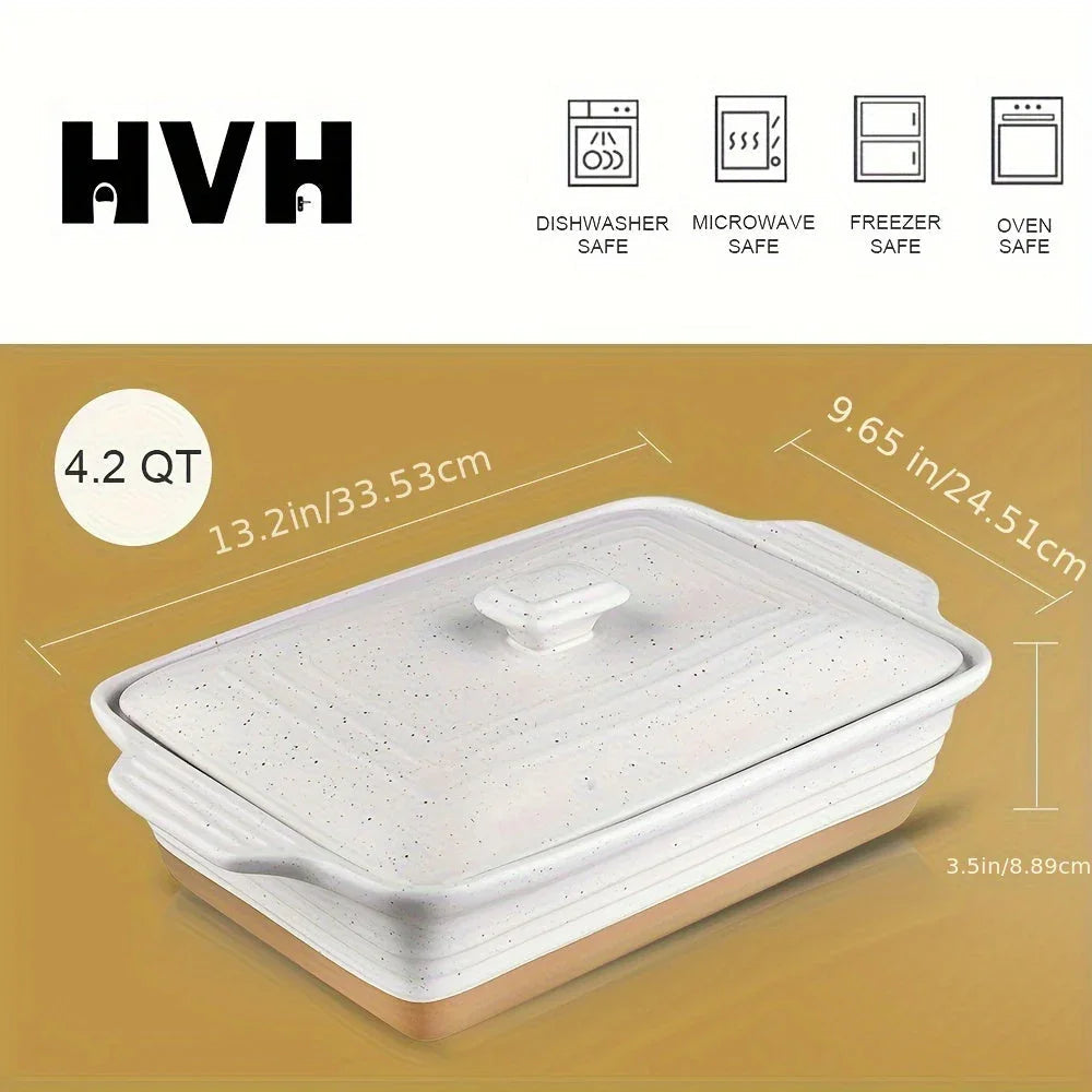 [Farmhouse Casserole Dish] HVH 3.5Qt 13x9 Ceramic Casserole Dish with Lid | Oven Safe, Large Covered Rectangular Baking Dish, Farmhouse Style, 9x13 Casserole Dish Set