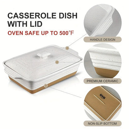 [Farmhouse Casserole Dish] HVH 3.5Qt 13x9 Ceramic Casserole Dish with Lid | Oven Safe, Large Covered Rectangular Baking Dish, Farmhouse Style, 9x13 Casserole Dish Set