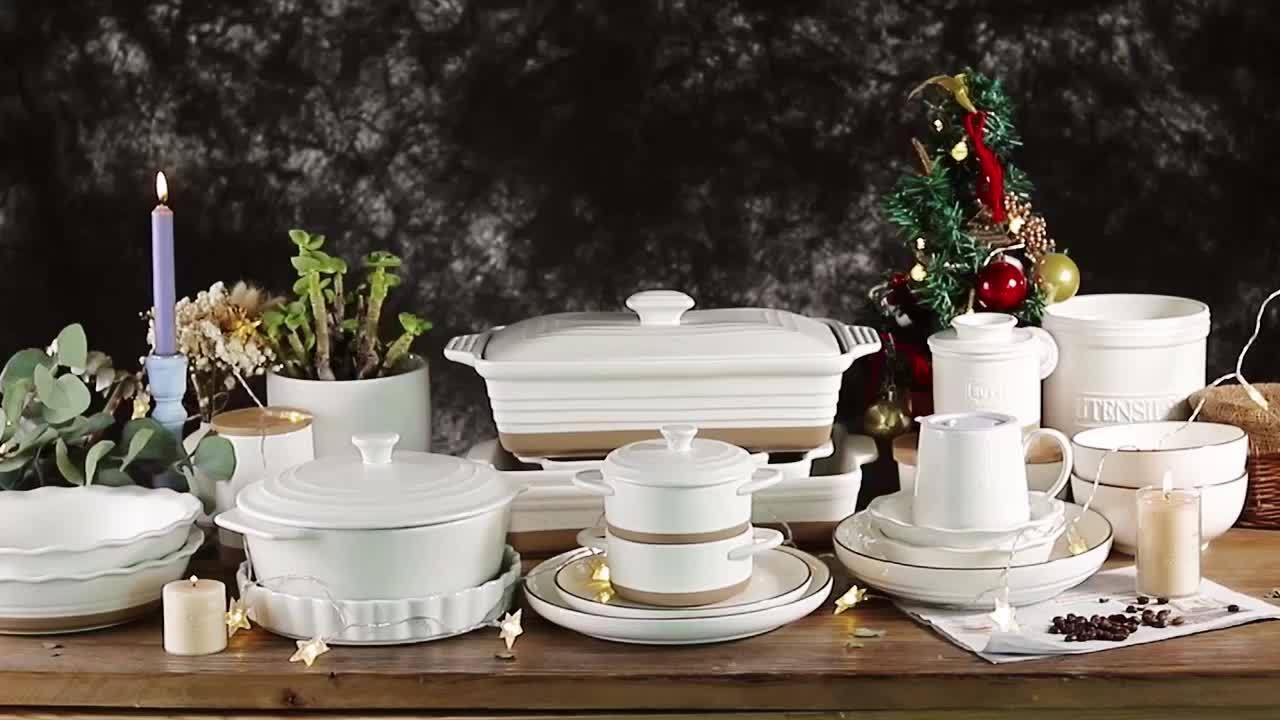 [Farmhouse Casserole Dish] HVH 3.5Qt 13x9 Ceramic Casserole Dish with Lid | Oven Safe, Large Covered Rectangular Baking Dish, Farmhouse Style, 9x13 Casserole Dish Set