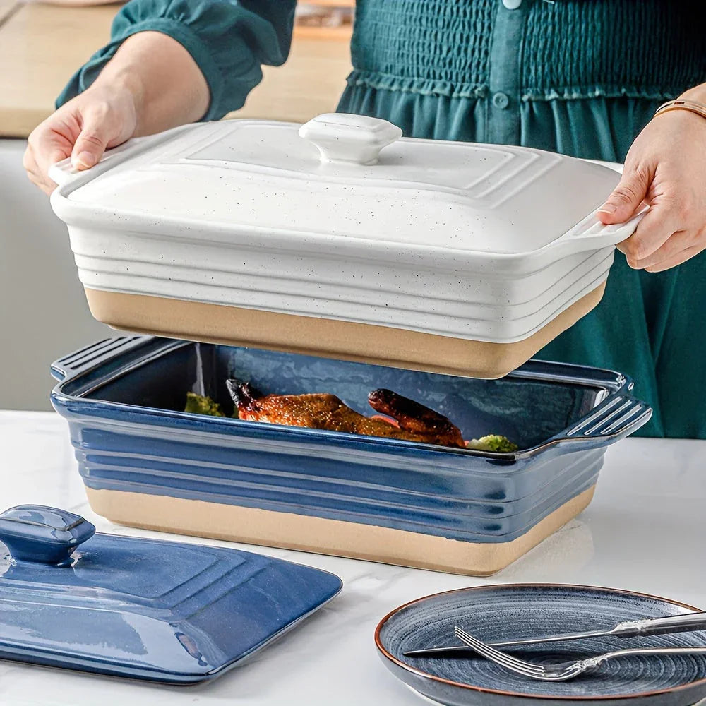 [Farmhouse Casserole Dish] HVH 3.5Qt 13x9 Ceramic Casserole Dish with Lid | Oven Safe, Large Covered Rectangular Baking Dish, Farmhouse Style, 9x13 Casserole Dish Set