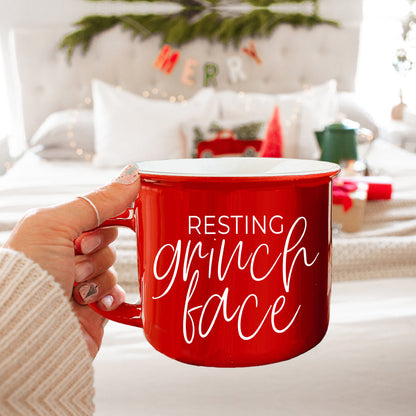 Grinch Face Mug 14.5oz Ceramic Campfire Mug Red Green Funny Holiday Coffee Cup