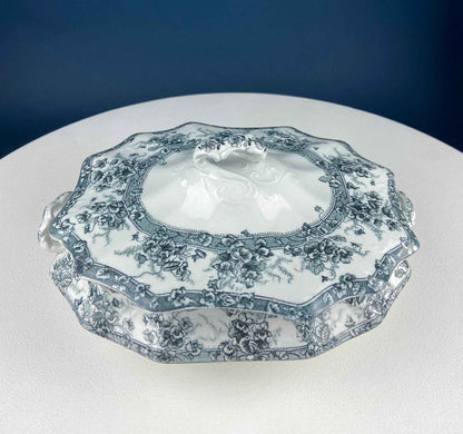 Antique Wedgwood Porcelain Tureen. Oval Soup Serving Dish with Black/White Motifs and Reliefs. Scalloped Edges. Family Dining. Holiday.