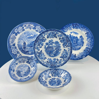 Fine English Blue & White Tableware Set — 3 Plates & 2 Berry Bowls