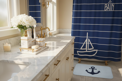 Luxury coastal bathroom vanity set with white marble and gold accents
