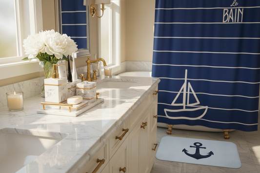 Luxury coastal bathroom vanity set with white marble and gold accents